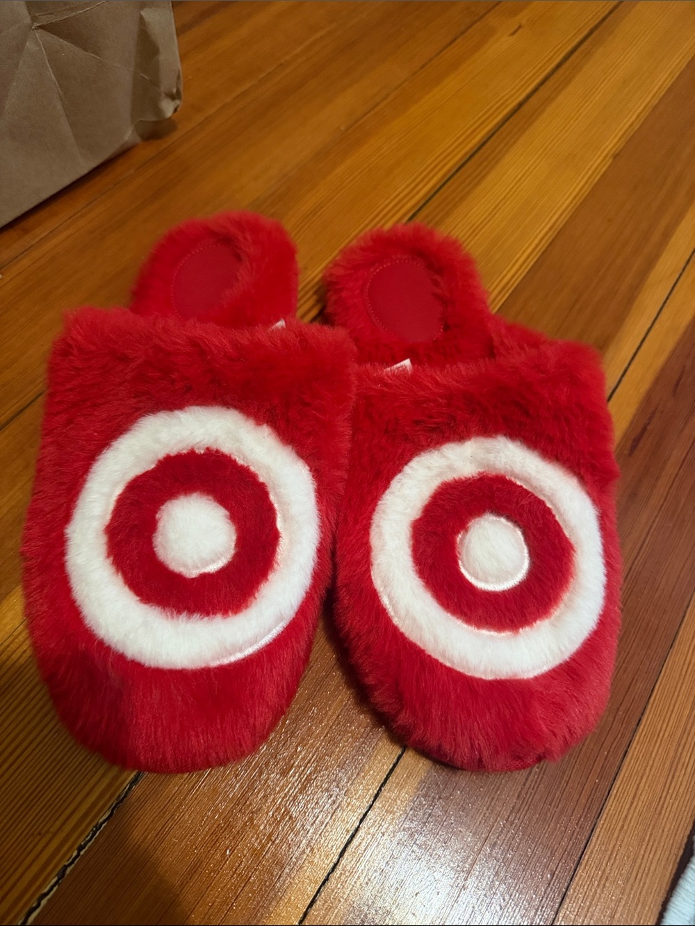 Target Red and White Fuzzy Logo Slippers